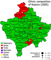Mapa &eacute;tnico kosovar, en su mayor&iacute;a albaneses y al norte serbios, con minor&iacute;as de bosnios, turcos, goranis y gitanos.
